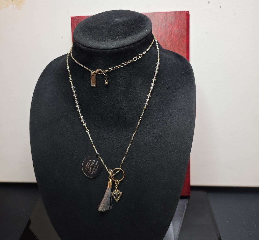 Gold-Tone Layered Charm Necklace with Gray Tassel and Heart Pendant